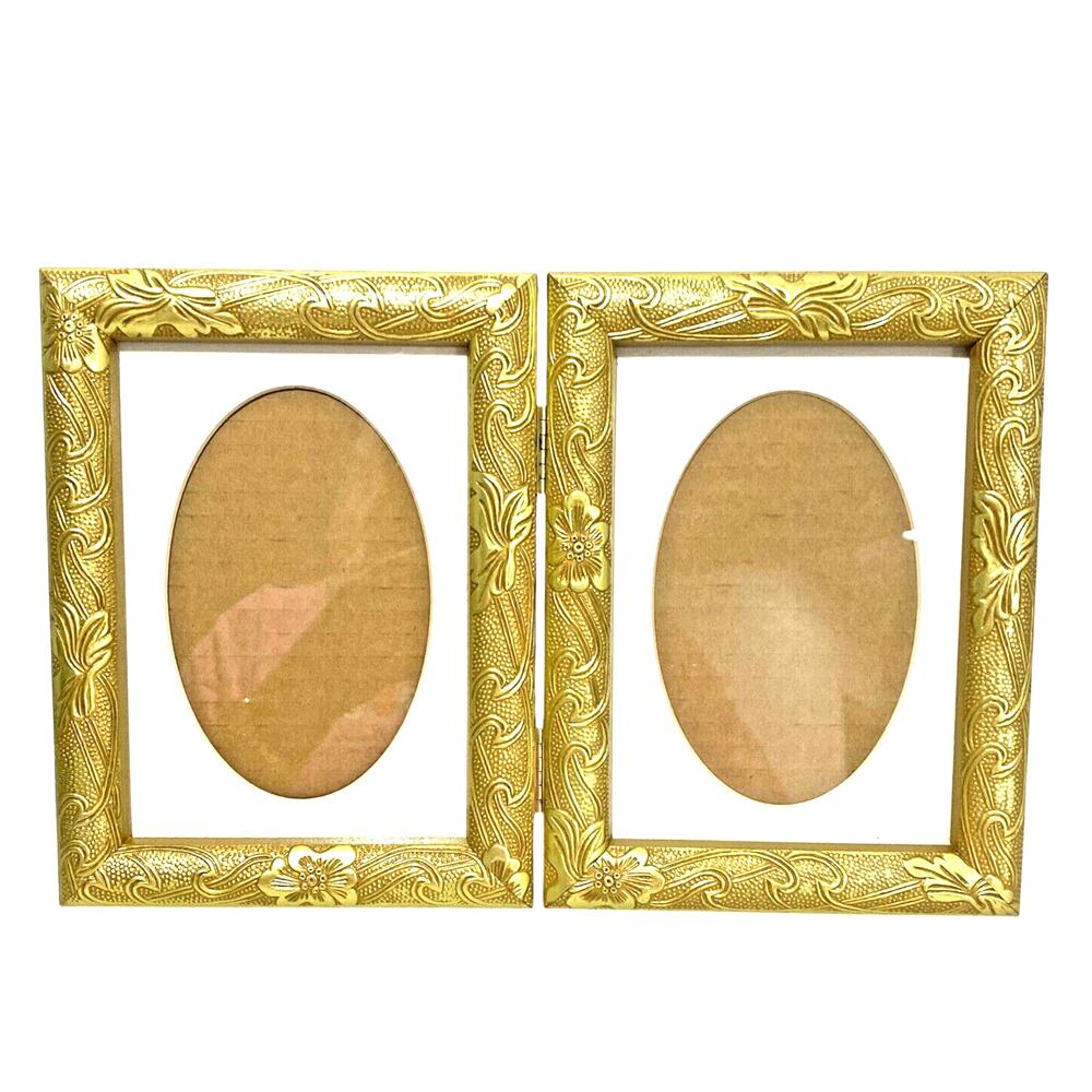 Gold Frame Double Photo Holder Textured Embossed Finish Art Deco Cottage Chic